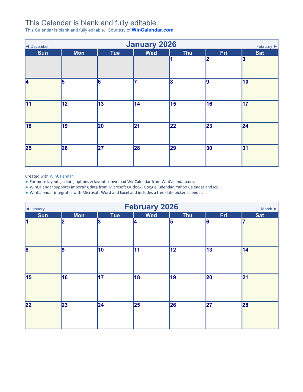 January 2026 Blank Calendar Printable Calendar