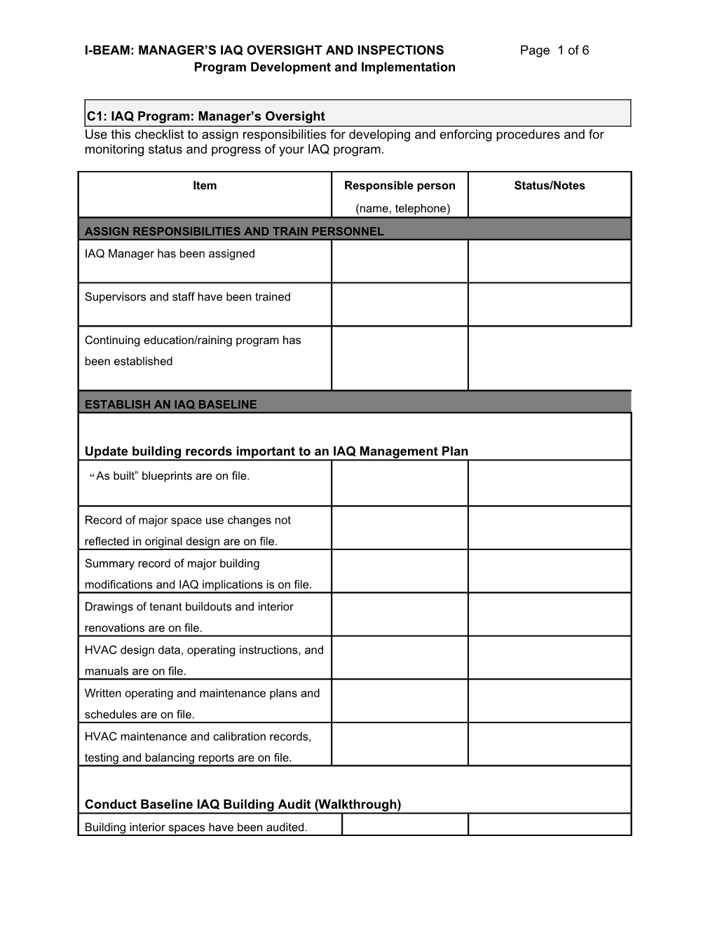 IAQ Manager S Checklist of Procedures