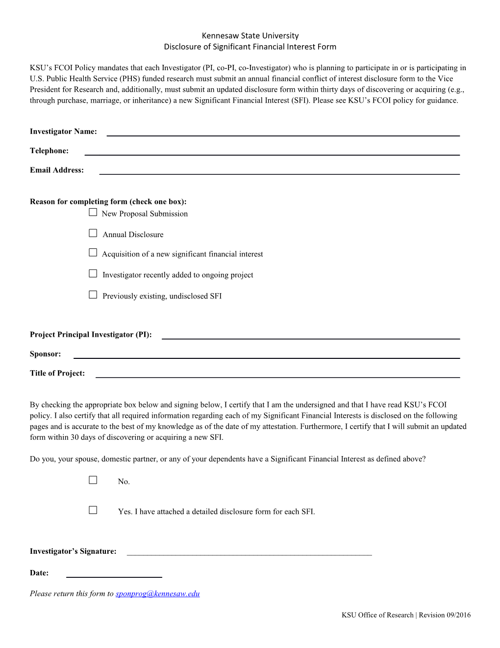Disclosure of Significant Financial Interest Form