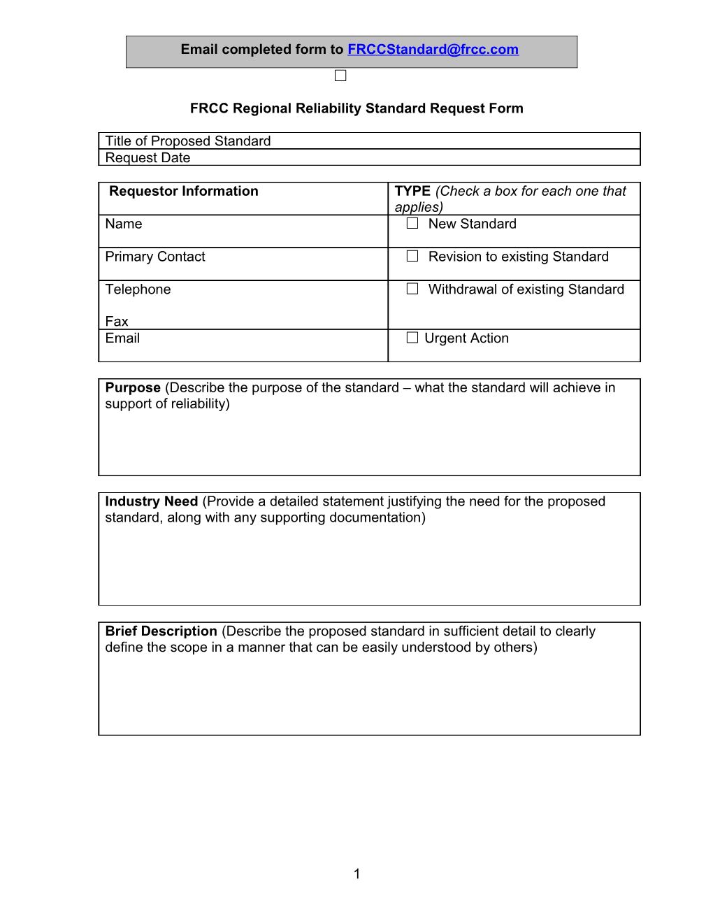 FRCC Regional Reliability Standard Request Form