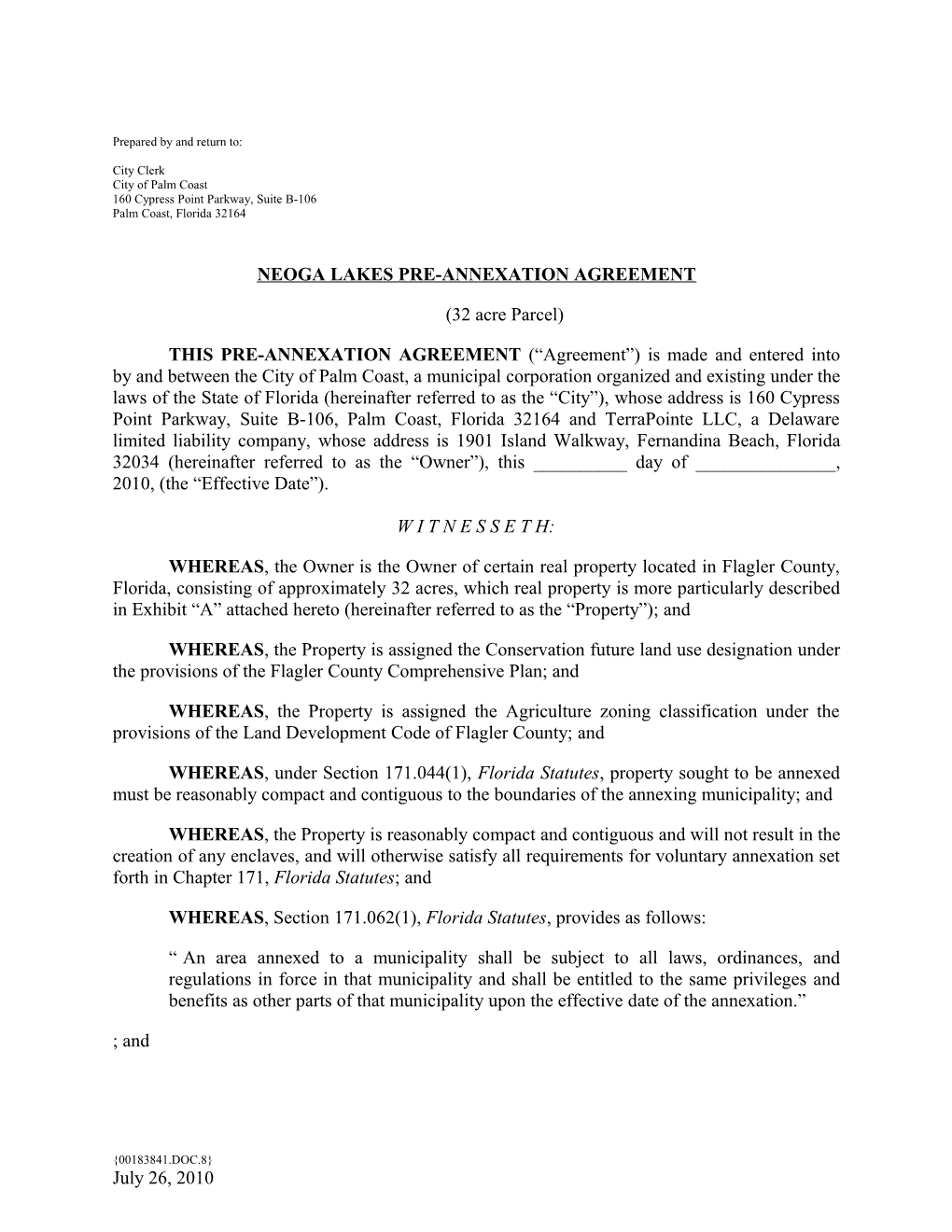 Terrapointe Pre-Annexation Agreement (32 Ac.) (00183841;1)