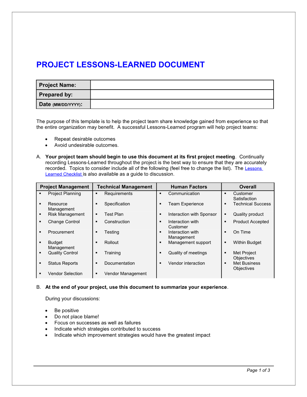 Lessons Learned Template