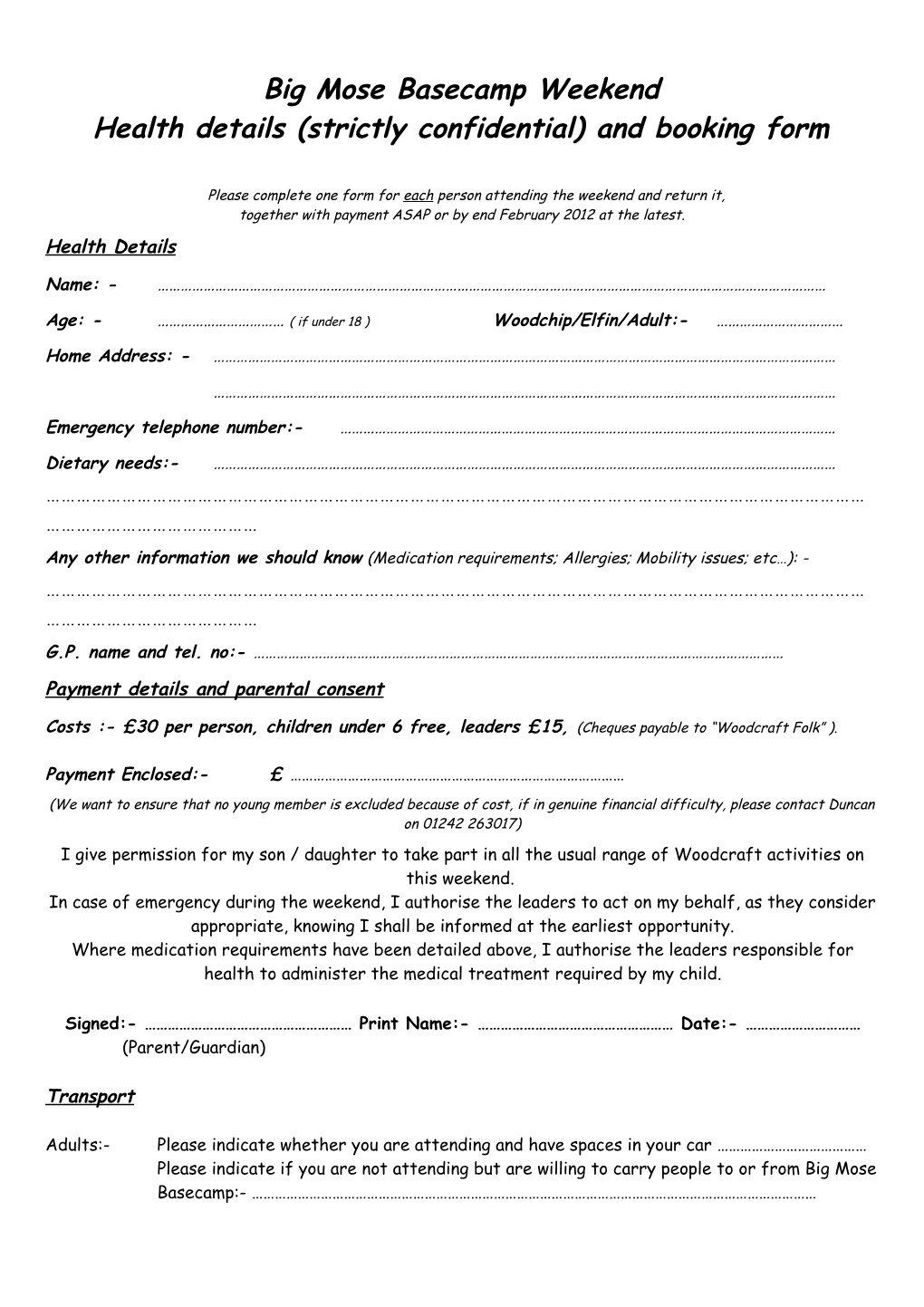 Upcote Camp Booking Form