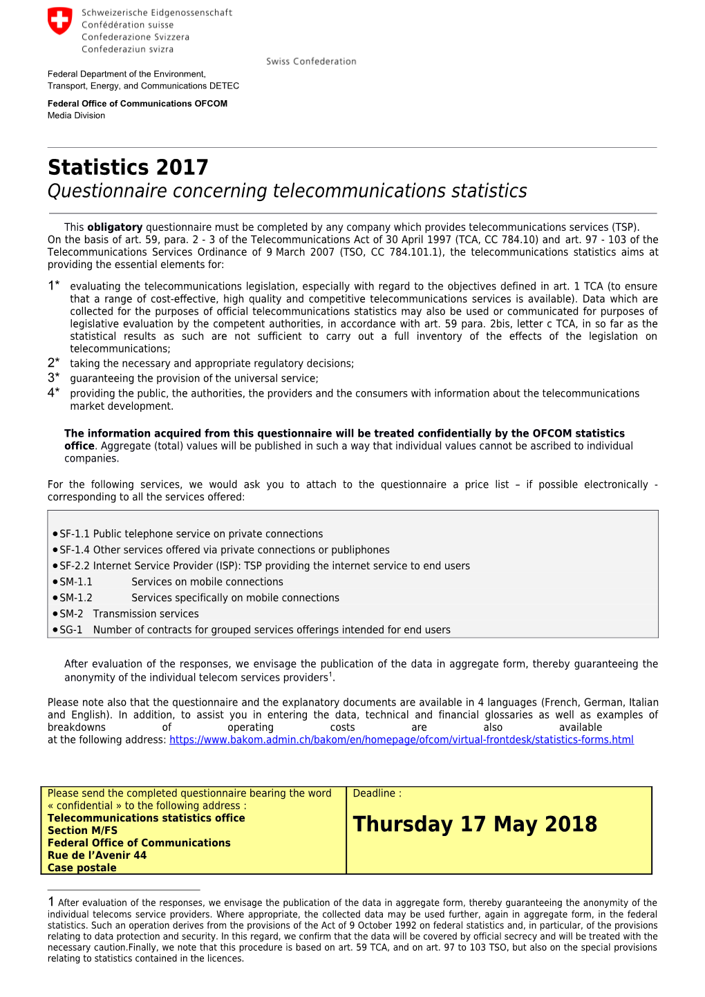 Questionnaire Concerning Telecommunications Statistics
