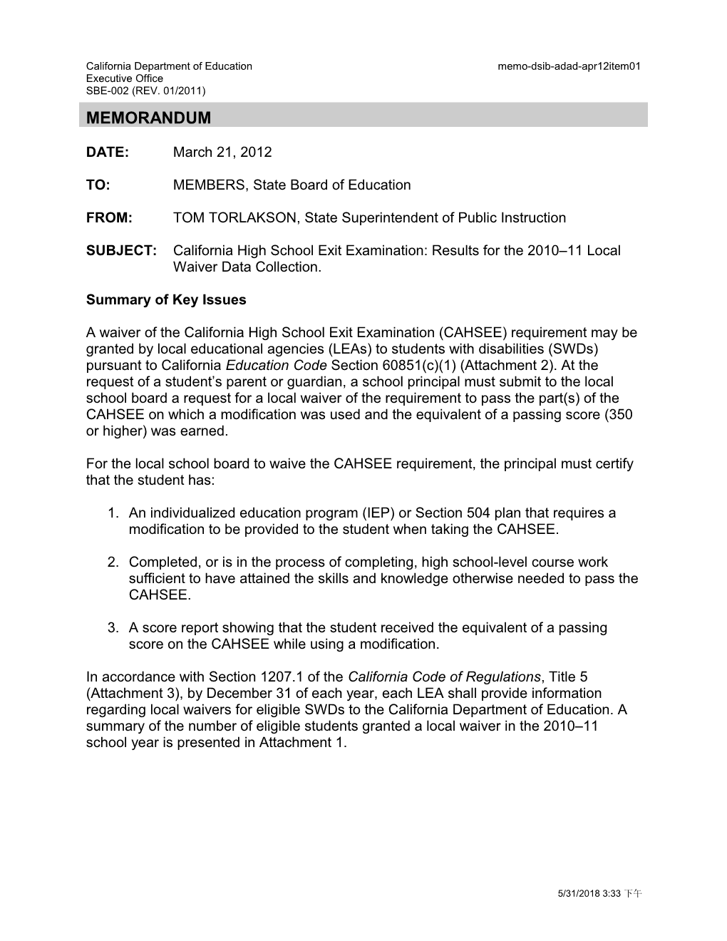 April 2012 Memorandum ADAD Item 1 - Information Memorandum (CA State Board of Education)