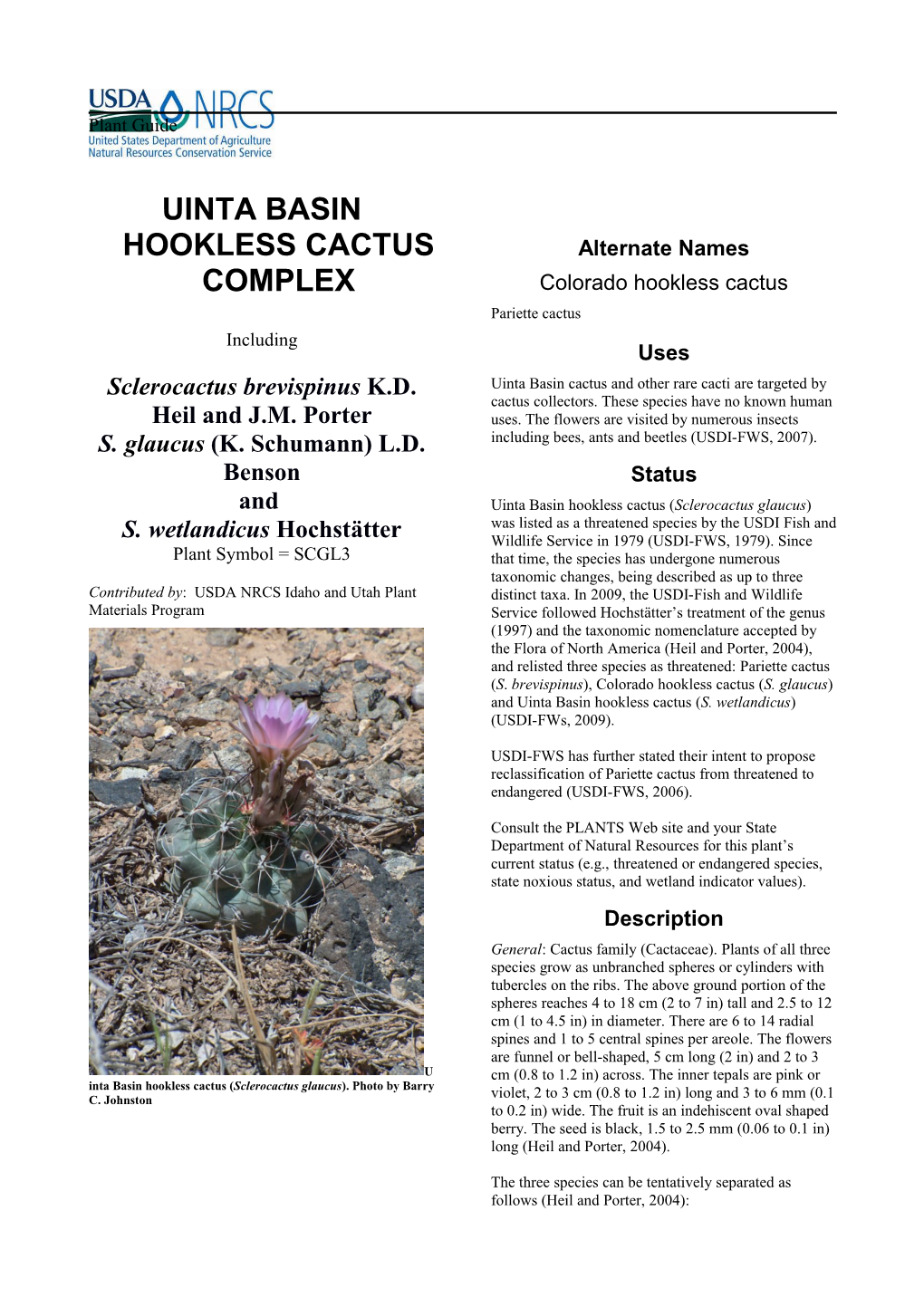 Plant Guide for Uinta Basin Hookless Cactus (Sclerocactus Glaucus)