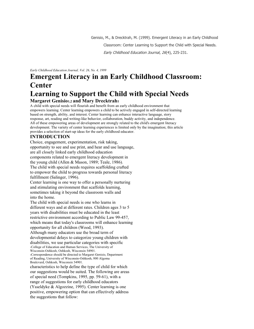 Emergent Literacy in an Early Childhood Classroom: Center