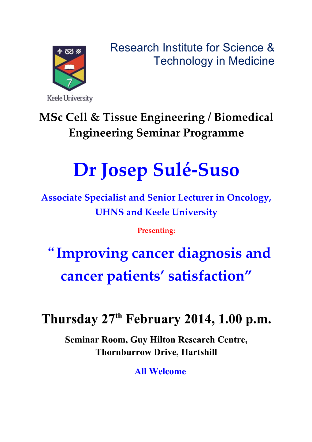 Msc Cell & Tissue Engineering / Biomedical Engineering Seminar Programme