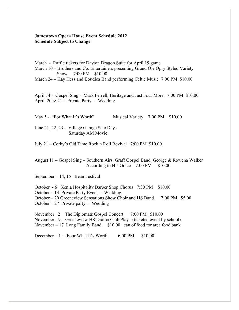 Jamestown Opera House Event Schedule