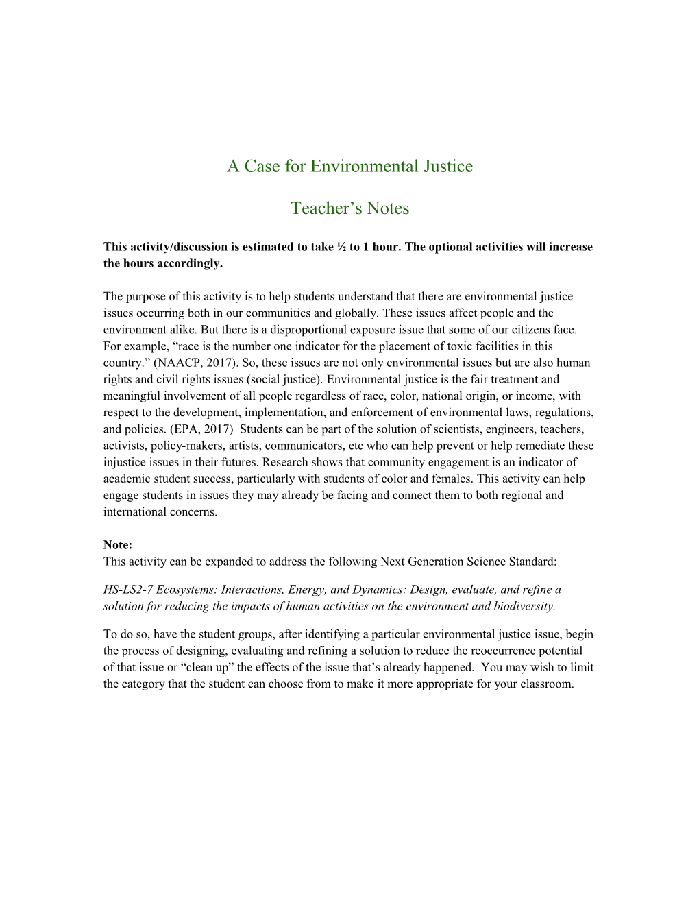 A Case for Environmental Justice