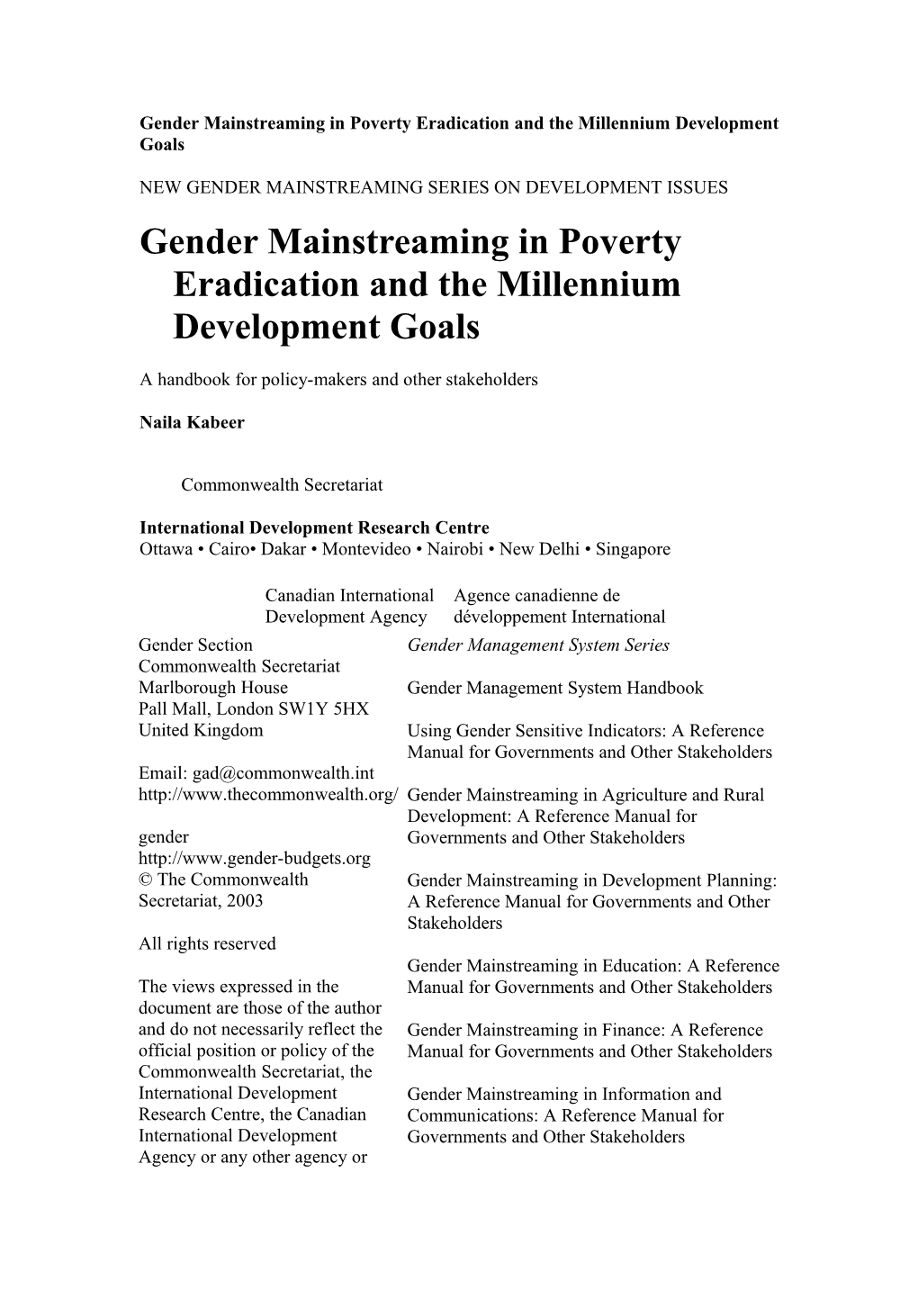 Gender Mainstreaming In Poverty Eradication And The Millennium Development Goals