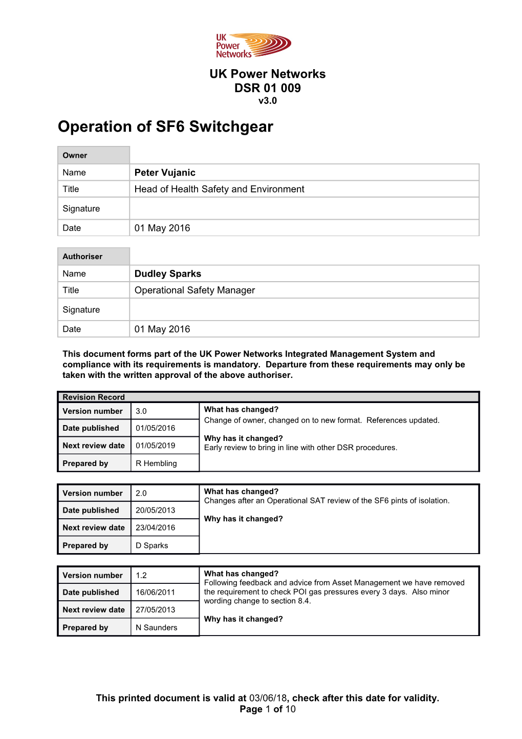 DSR 01 009 Operation of SF6 Switchgear