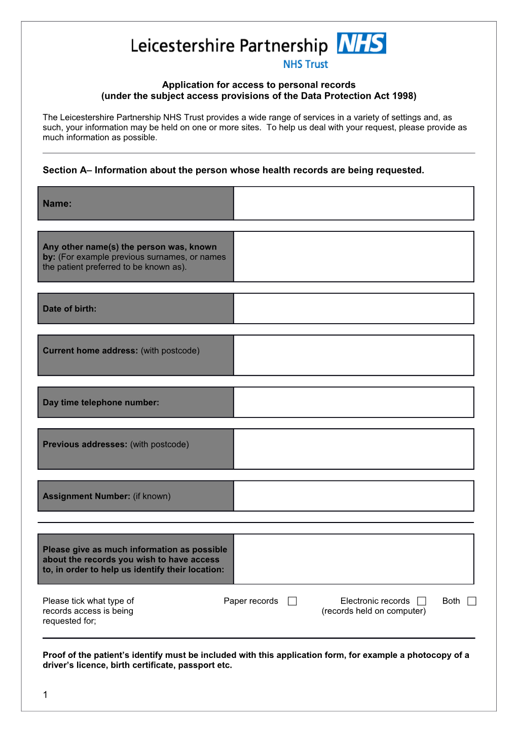 Application for Access to Personal Records