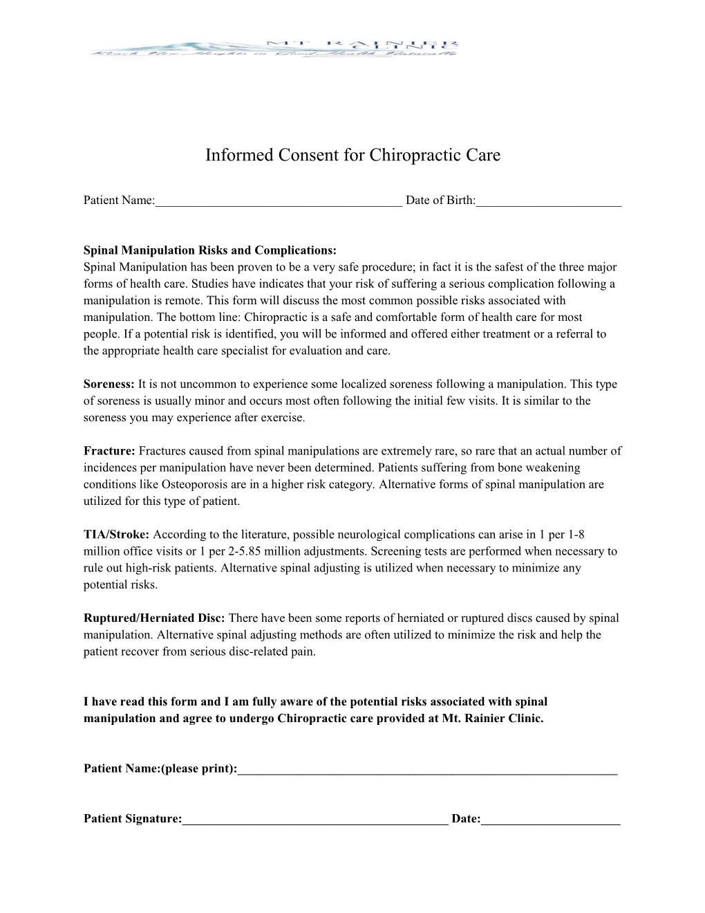 Informed Consent for Chiropractic Care