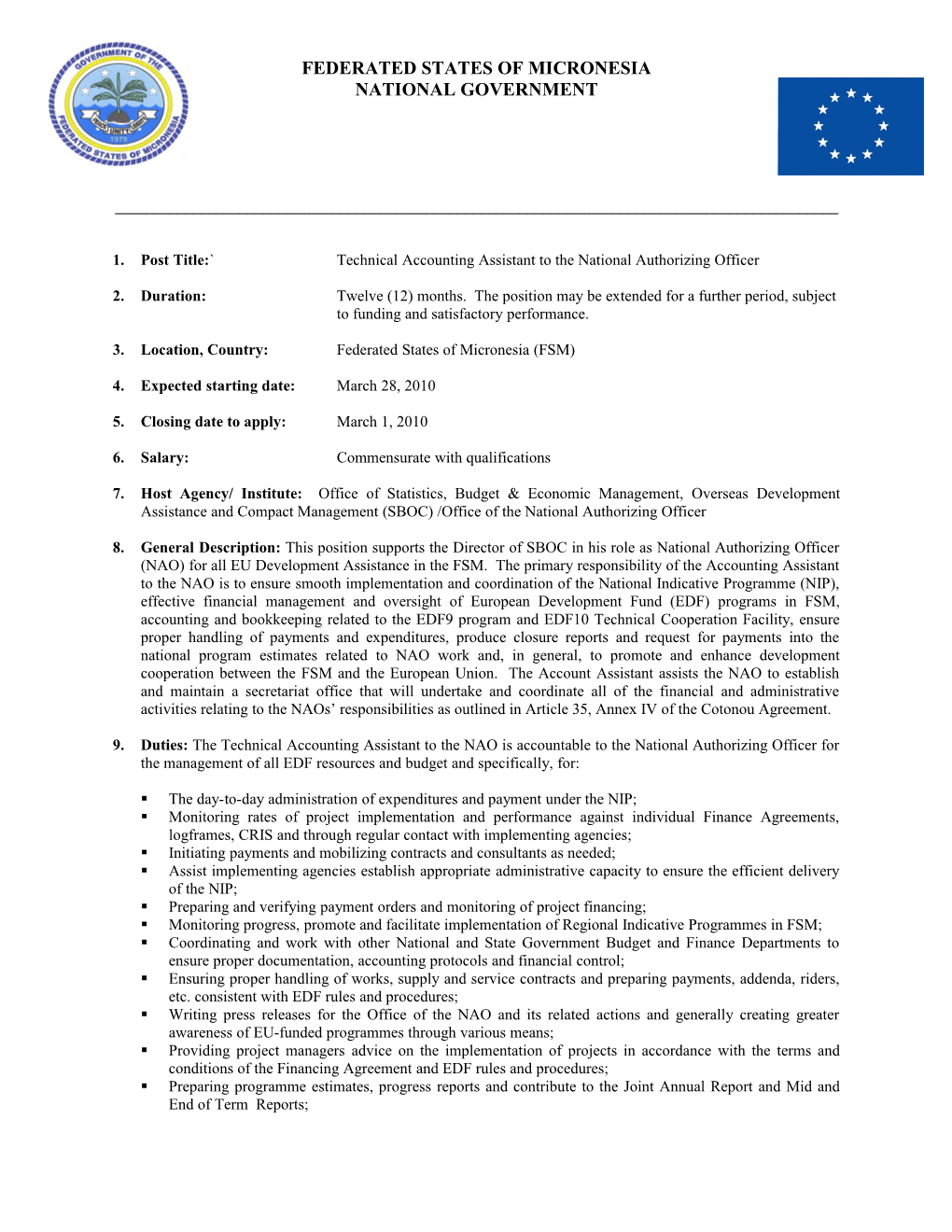 Post Title: Technical Accounting Assistant to the National Authorizing Officer