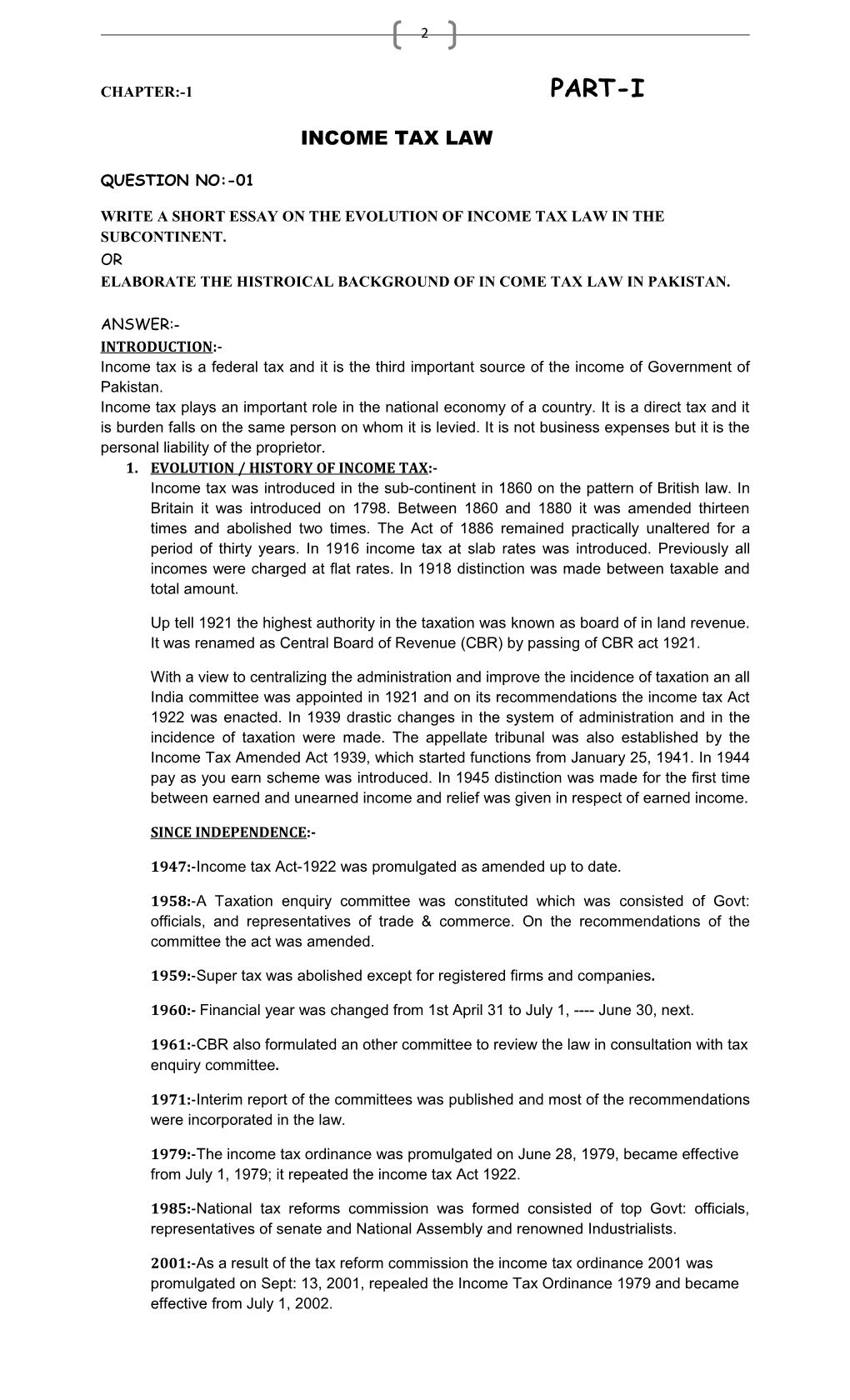 Write a Short Essay on the Evolution of Income Tax Law in the Subcontinent