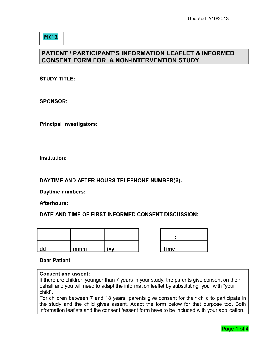 Patient / Participant S Information Leaflet & Informed Consent Form for a Non-Intervention