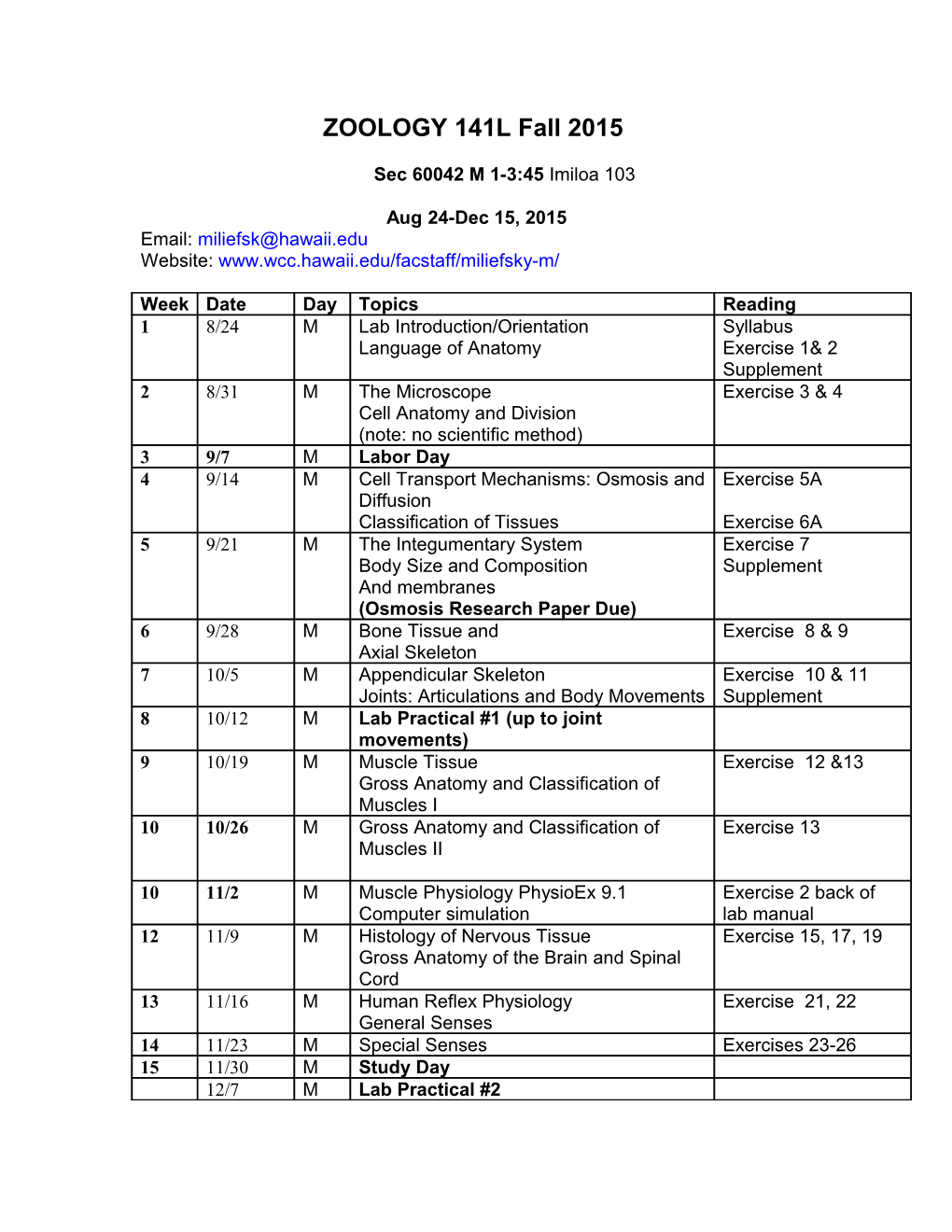 ZOOLOGY 141L (CRN Xxxx) SUMMER 1St Session 2012