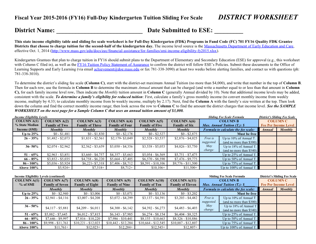FY16 Full-Day Kindergarten (FDK) Tuition Sliding Fee Scale Worksheet and Sample - January 2015