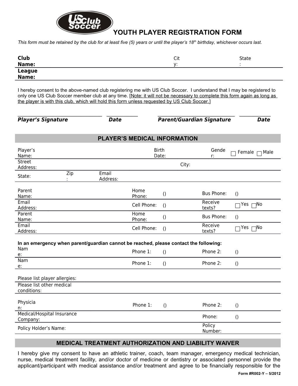 R002-Y - Youth Player Registration Form