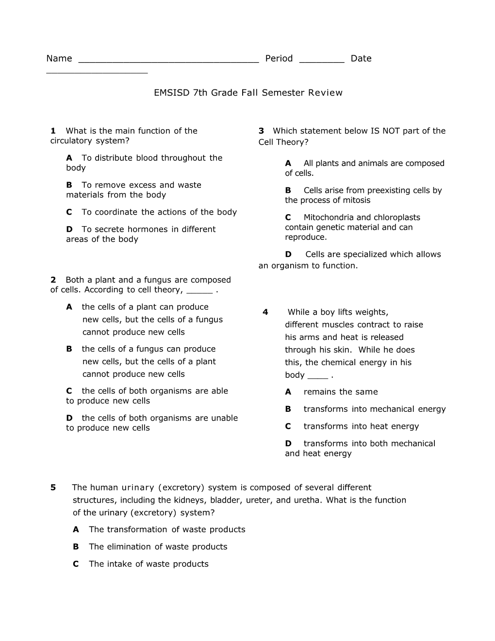 EMSISD 7Thgrade Fall Semester Review