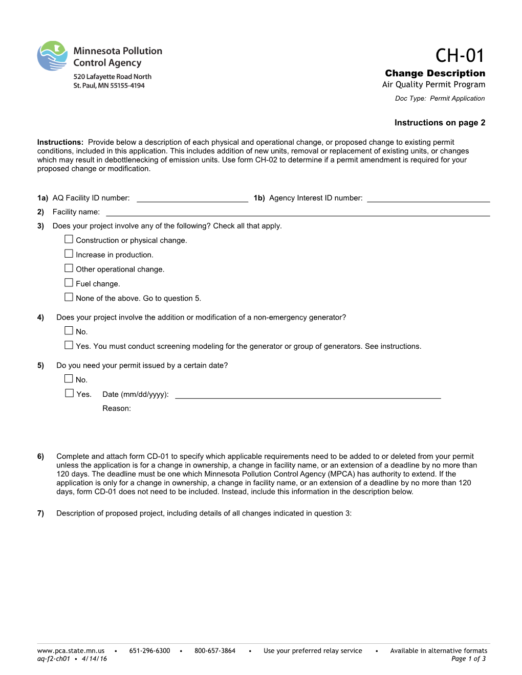 CH-01 Change Description - Air Quality Permit Program - Form