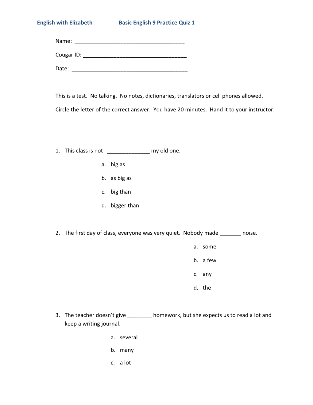English with Elizabeth Basic English 9 Practice Quiz 1