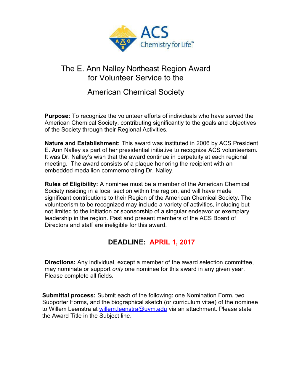 THE ACS DIVISION of CHEMICAL EDUCATION Name of Region REGION AWARD for EXCELLENCE in HIGH