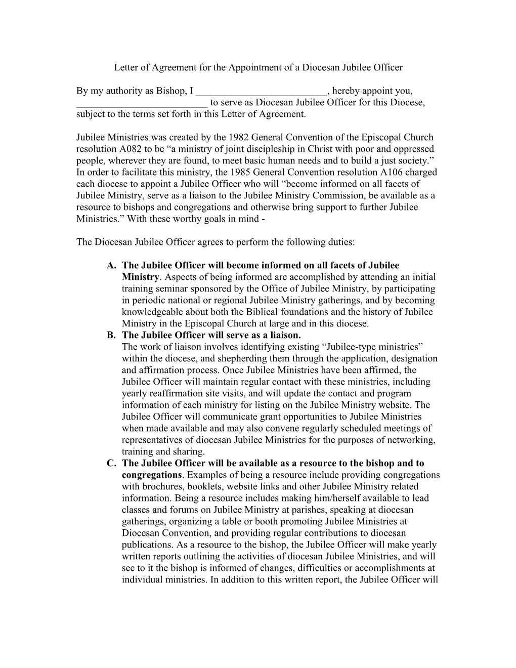 Sample Letter of Agreement Diocesan Jubilee Officer
