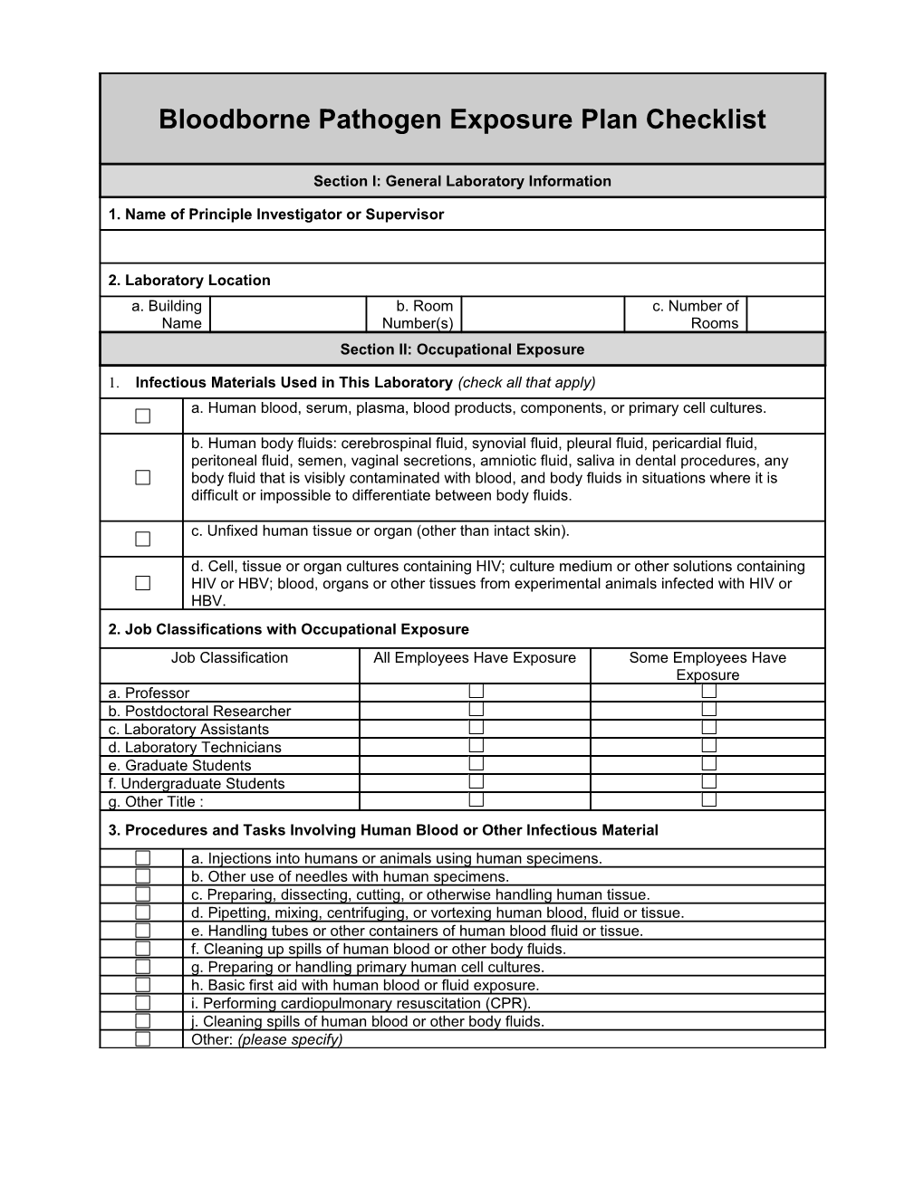 Bloodborne Pathogen Exposure Plan Checklist