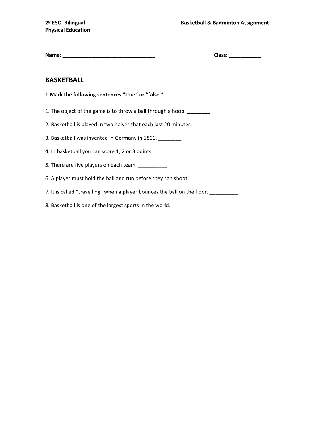 2º ESO Bilingual Basketball & Badminton Assignment