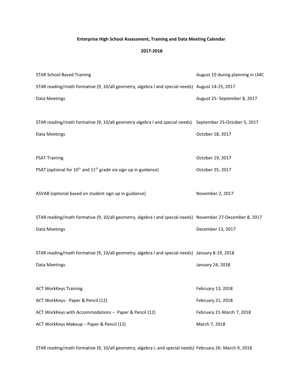 Enterprise High School Assessment, Training and Data Meeting Calendar