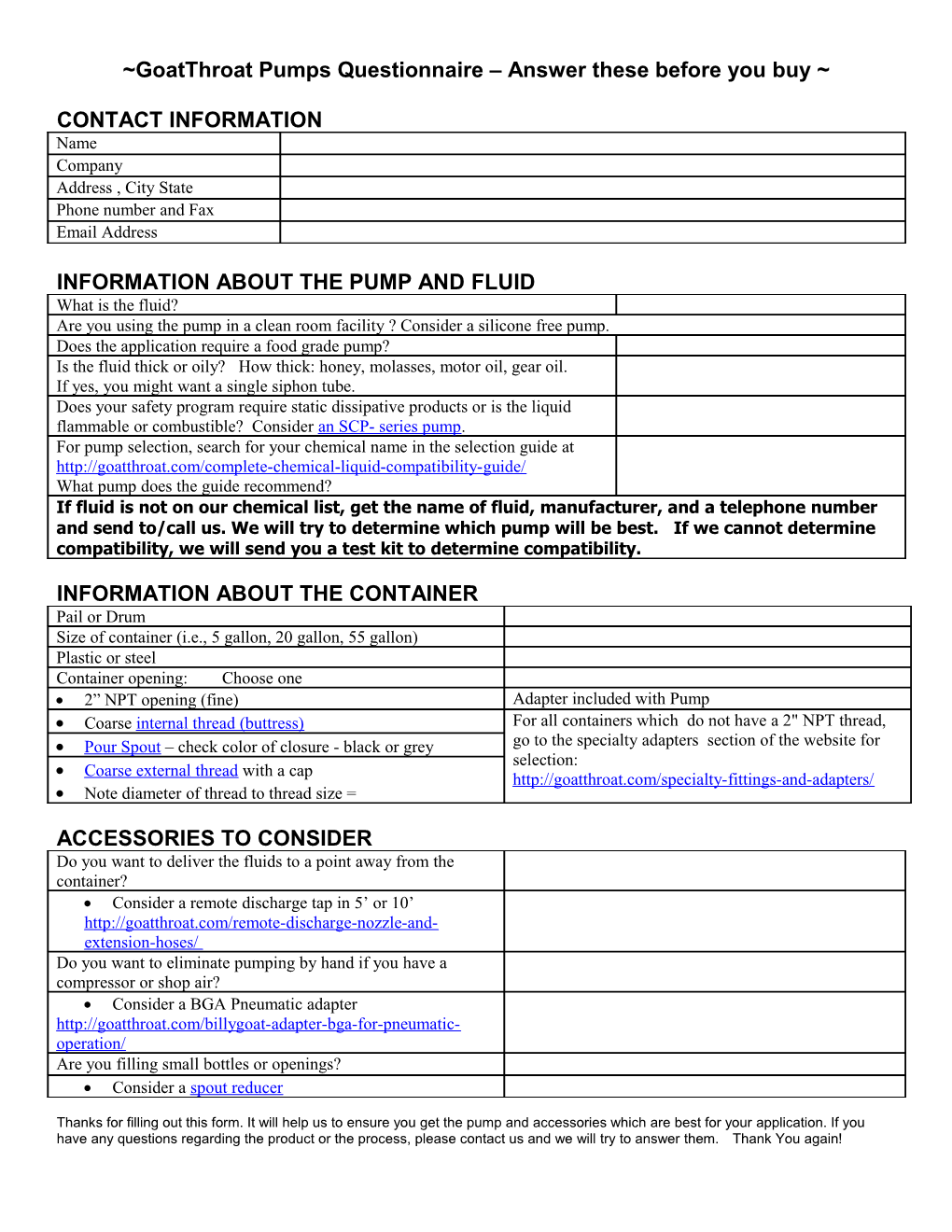 Goatthroat Pump Return/Repair/Technical Help Questionnaire