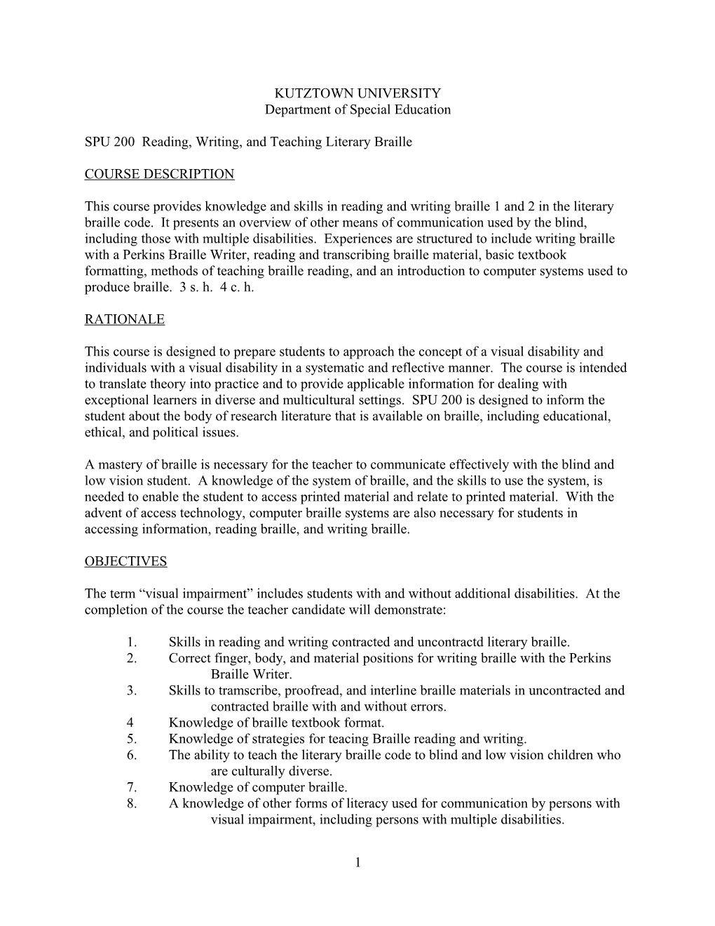 SPU 200 Reading, Writing, and Teaching Literary Braille