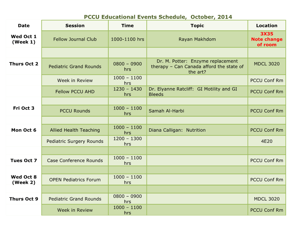PCCU Educational Events Schedule, October, 2014
