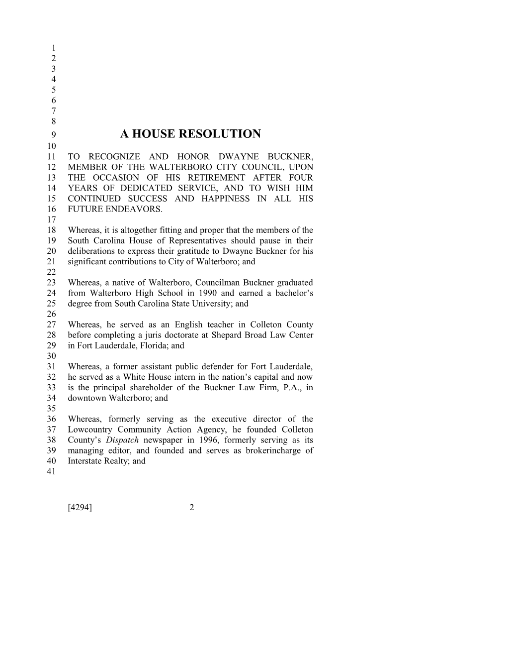 2013-2014 Bill 4294: Dwayne Buckner - South Carolina Legislature Online