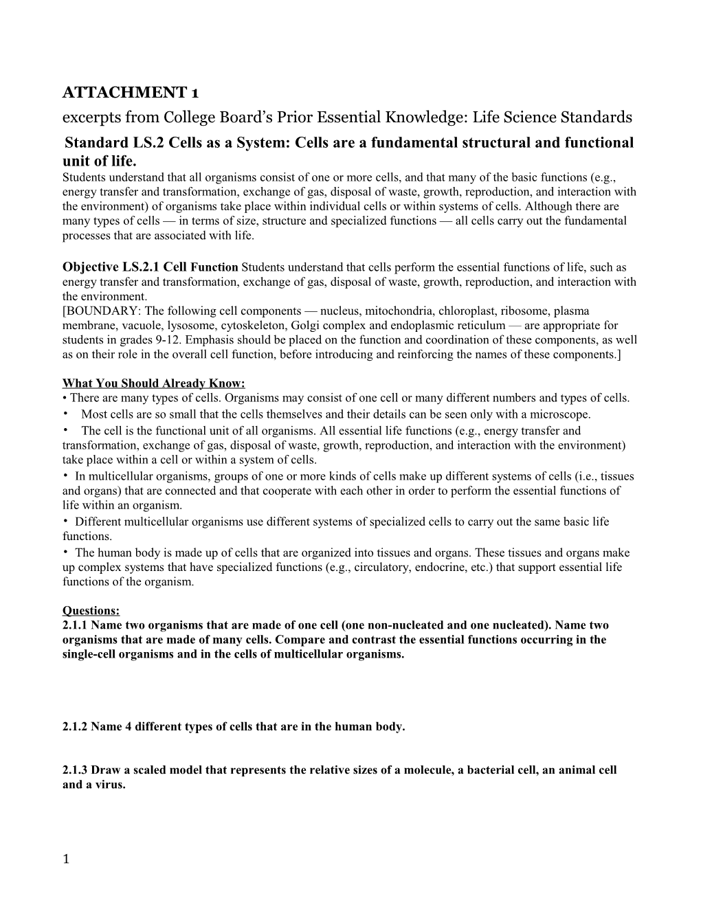 Standard LS.2 Cells As a System: Cells Are a Fundamental Structural and Functional Unit