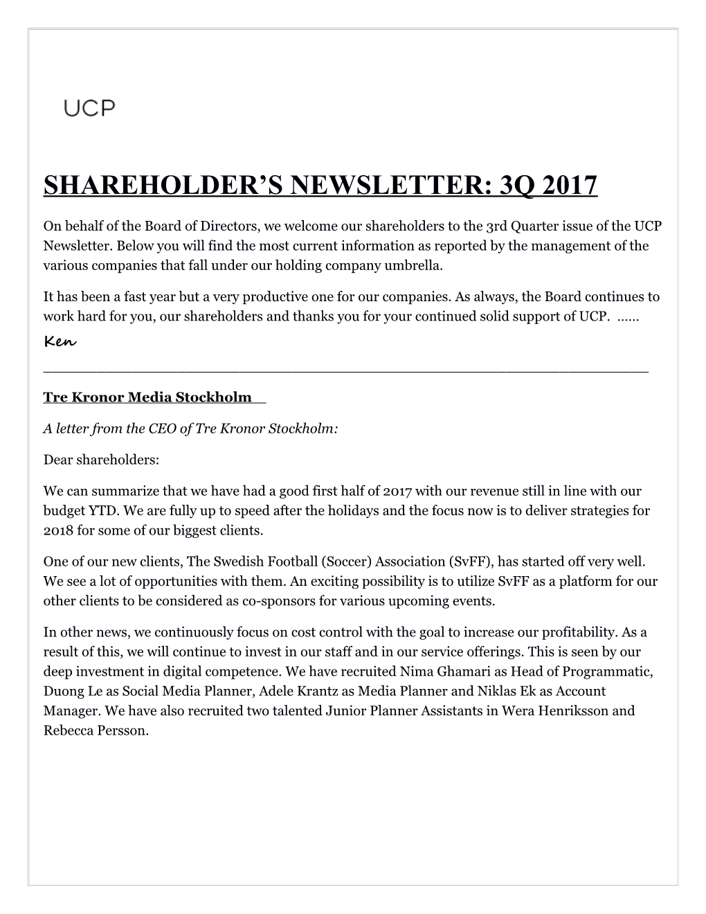 Shareholder S Newsletter: 3Q 2017