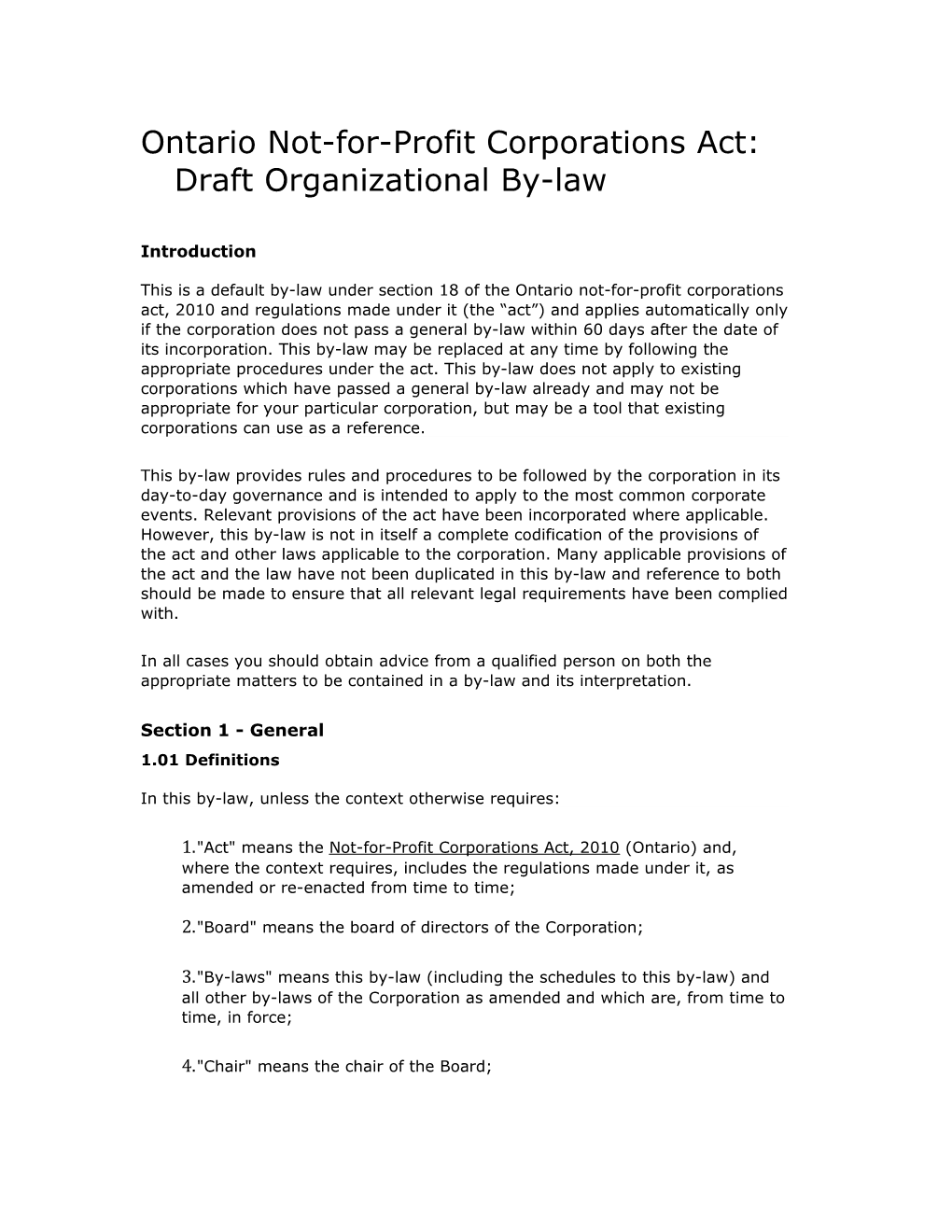 Ontario Not-For-Profit Corporations Act: Draft Organizational By-Law