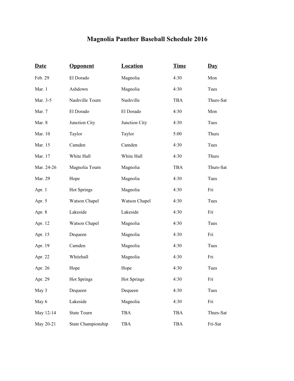 Magnolia Panther Baseball Schedule 2016