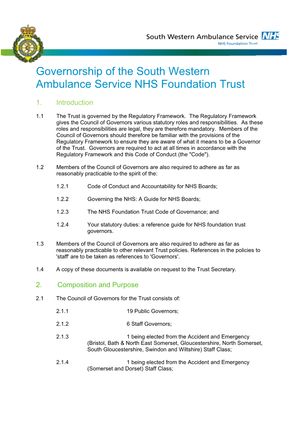 Responsibilities and Code of Conduct for Trust Governors