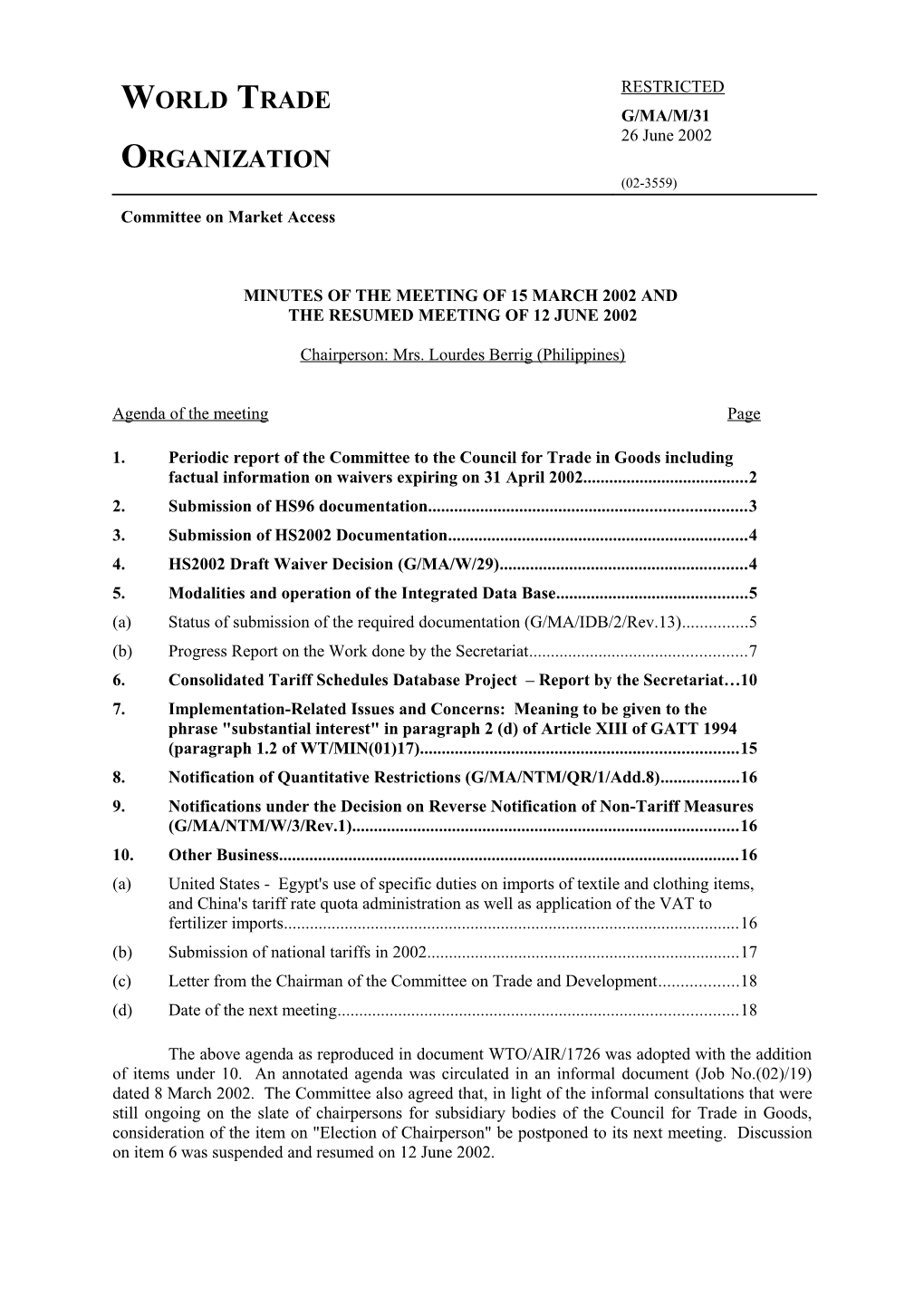 Minutes of the Meeting of 15 March 2002 And