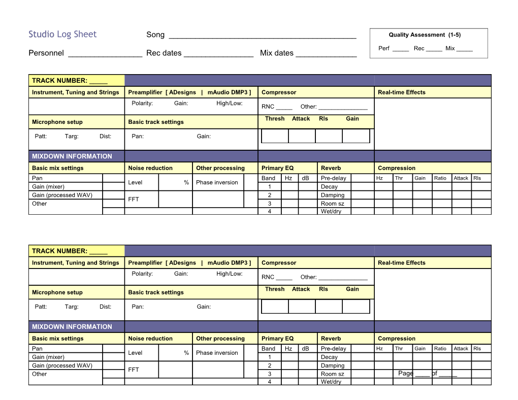 Recording Log Sheet