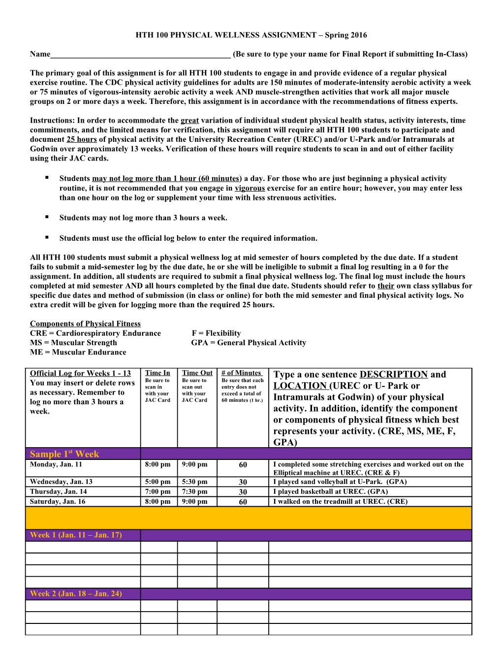 HTH 100 PHYSICAL WELLNESS ASSIGNMENT Spring 2016