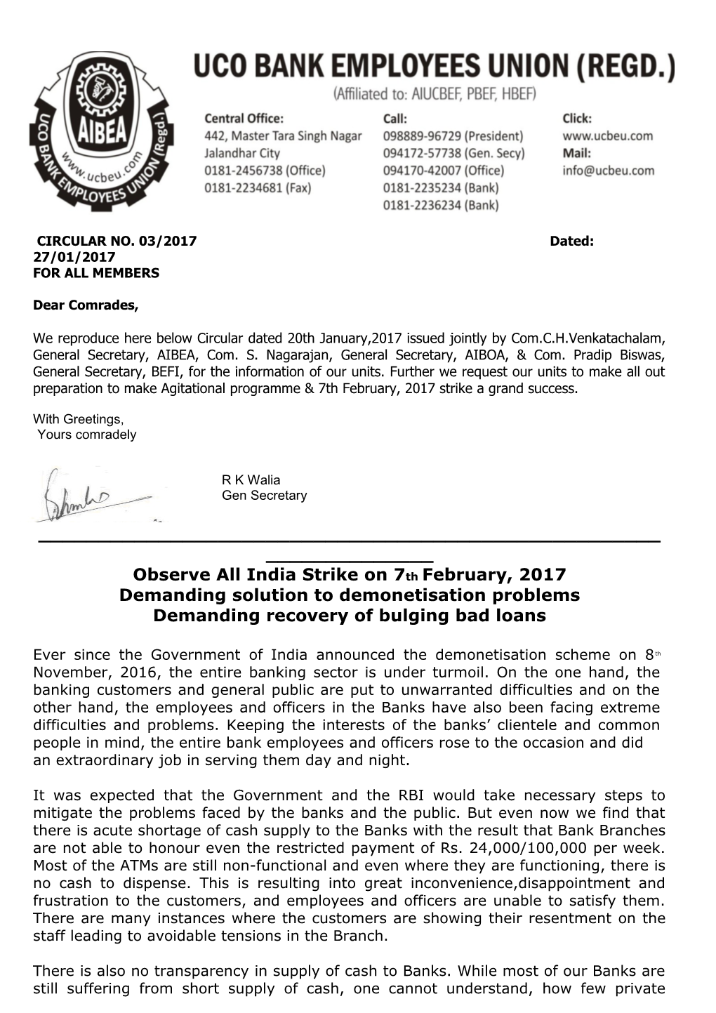 CIRCULAR NO. 03/2017 Dated: 27/01/2017