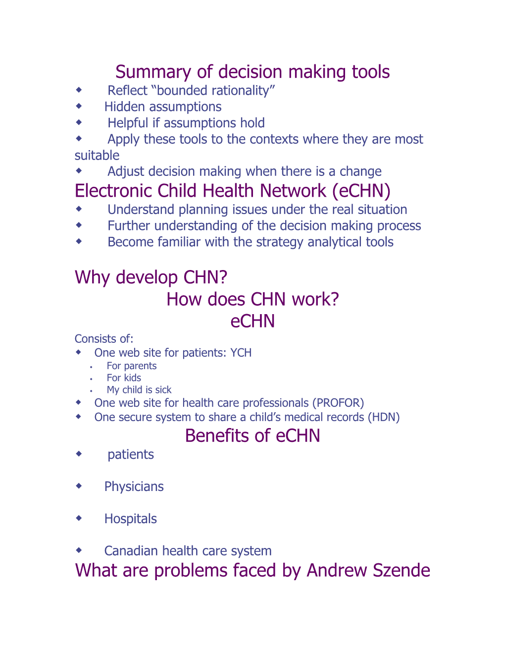 Summary of Decision Making Tools