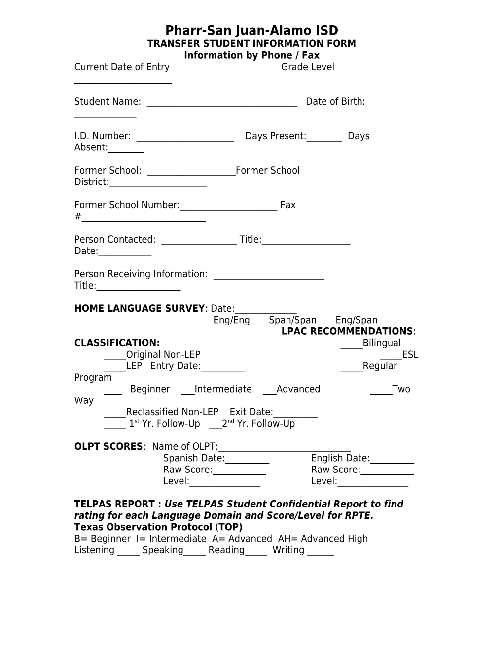 Transfer Student Information Form