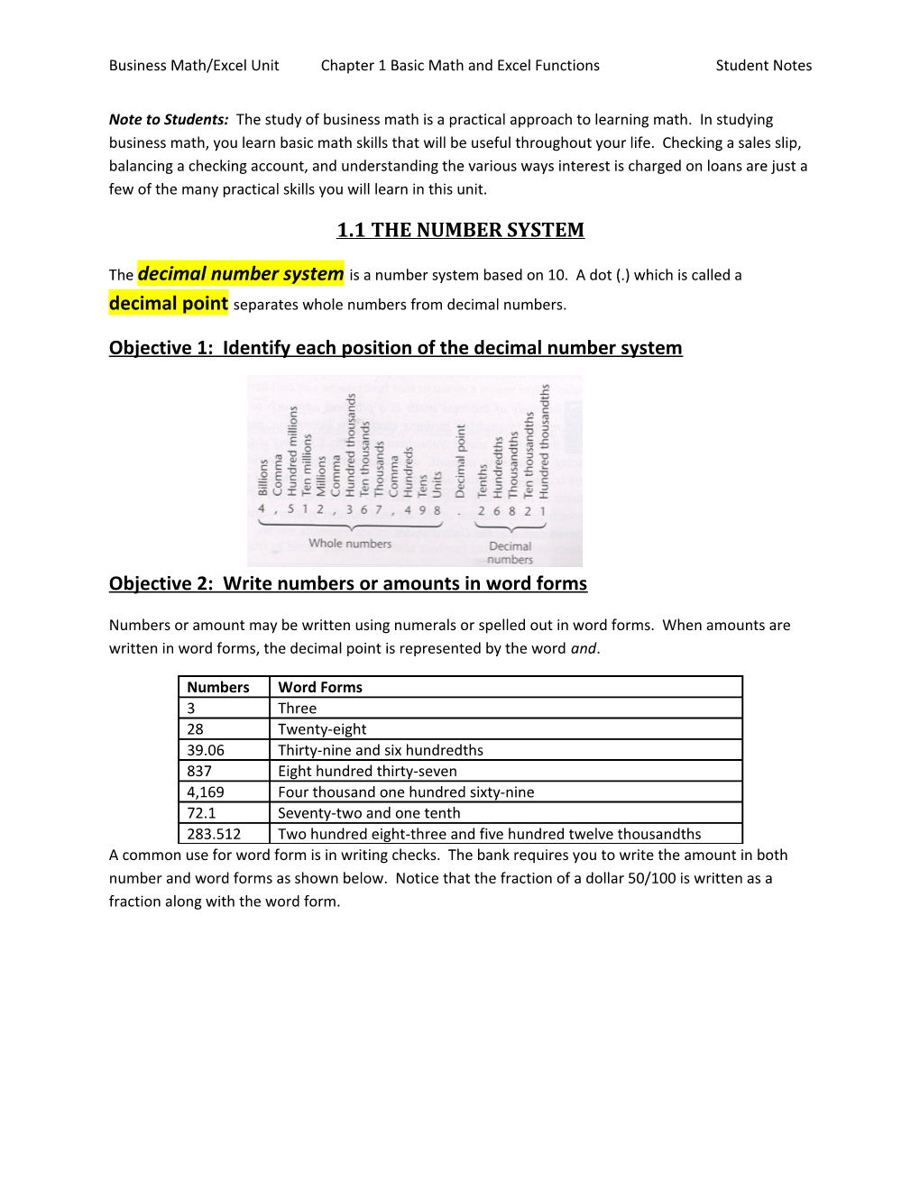Business Math/Excel Unitchapter 1 Basic Math and Excel Functionsstudent Notes