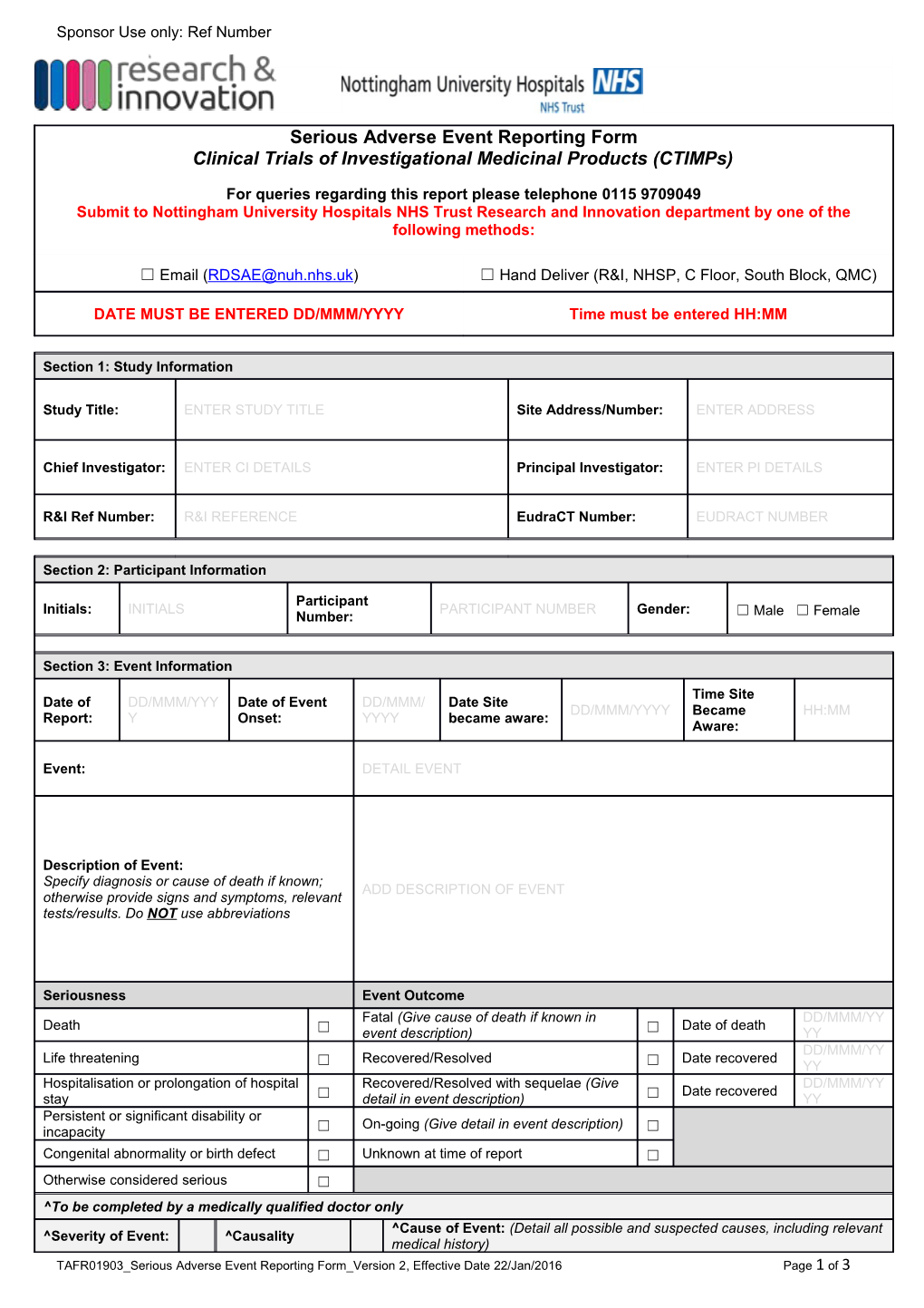 TAFR01903 Serious Adverse Event Reporting Form Version 2 , Effective Date 22/Jan/2016Page 1 of 3