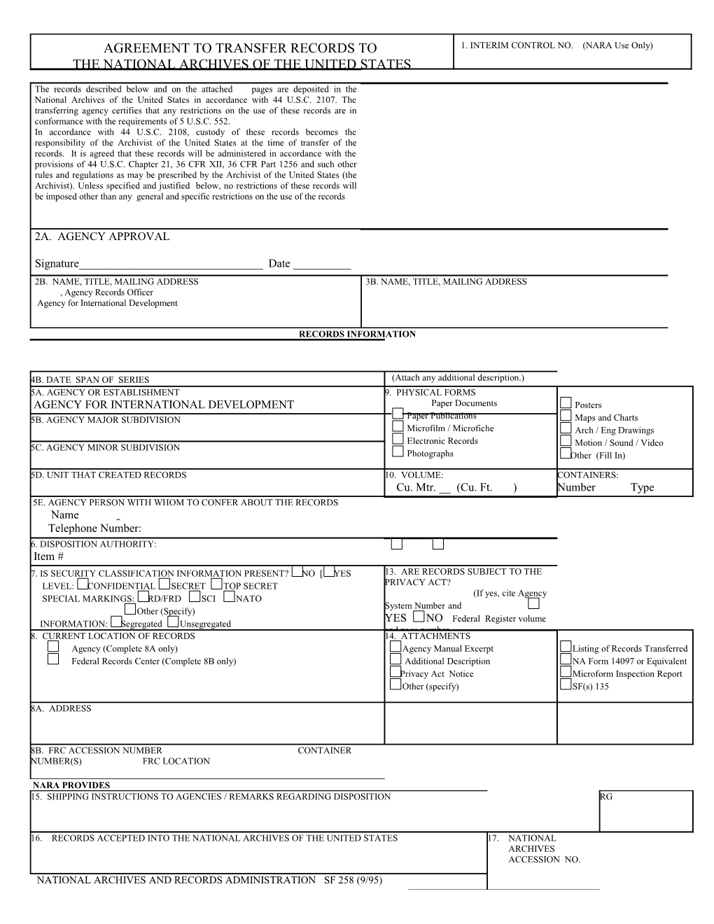 Agreement to Transfer Records to the National Archives of the United States